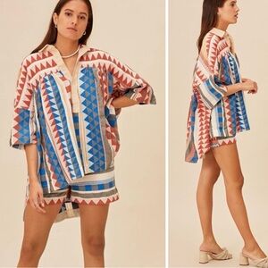 DEVOTON TWINS 100% Cotton Flowy Button Down Top Short Sleeve Red Blue Boho Shirt